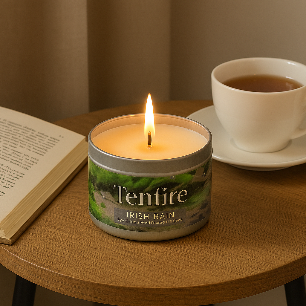 Candle on a coffee table with tea and a book