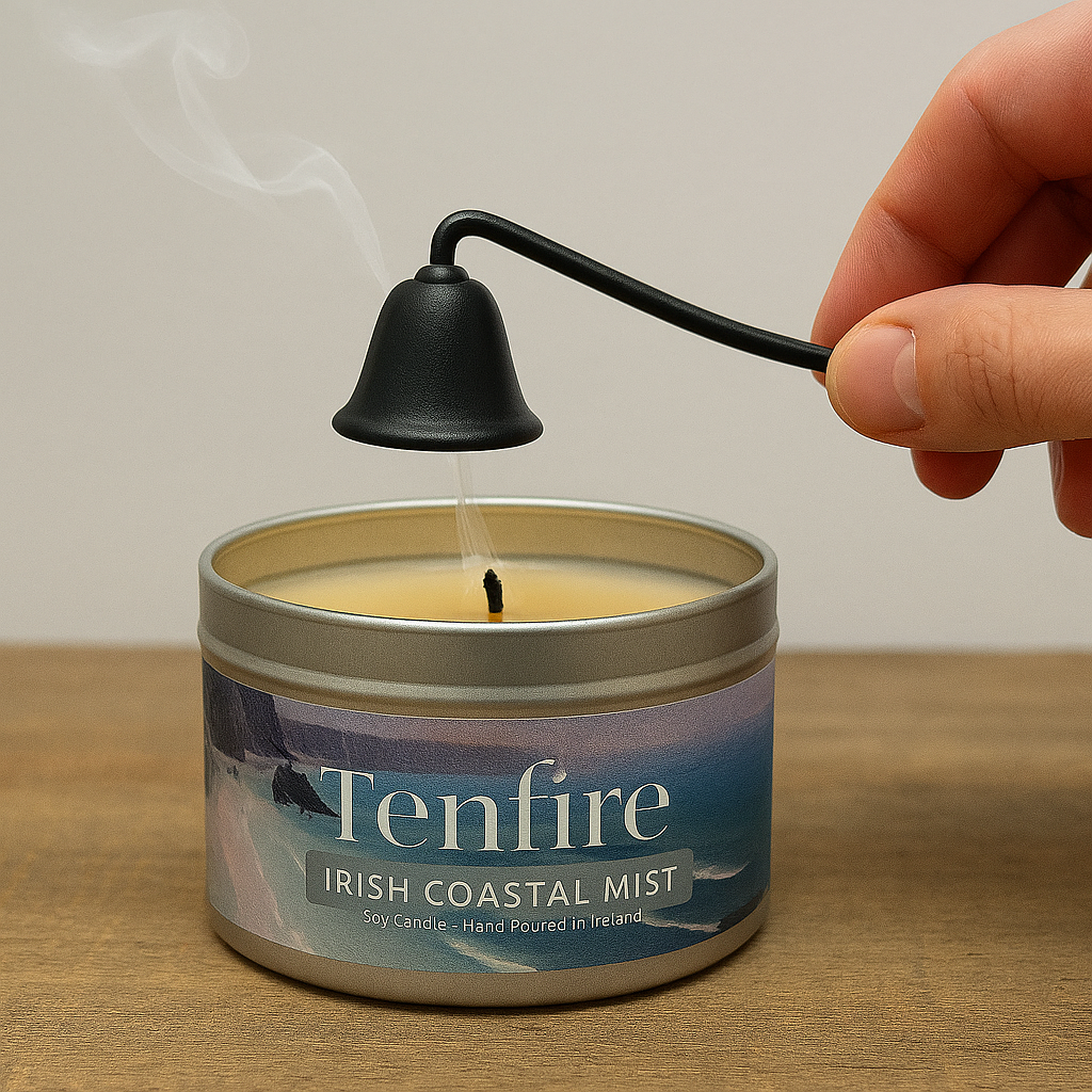 A snuffer being used to properly extinguish a candle