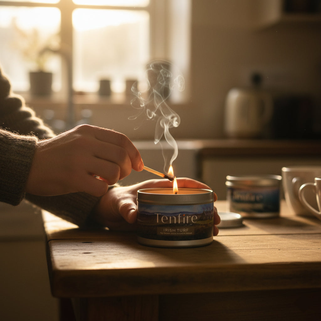 Person lighting a Tenfire candle with a match on a wooden table.