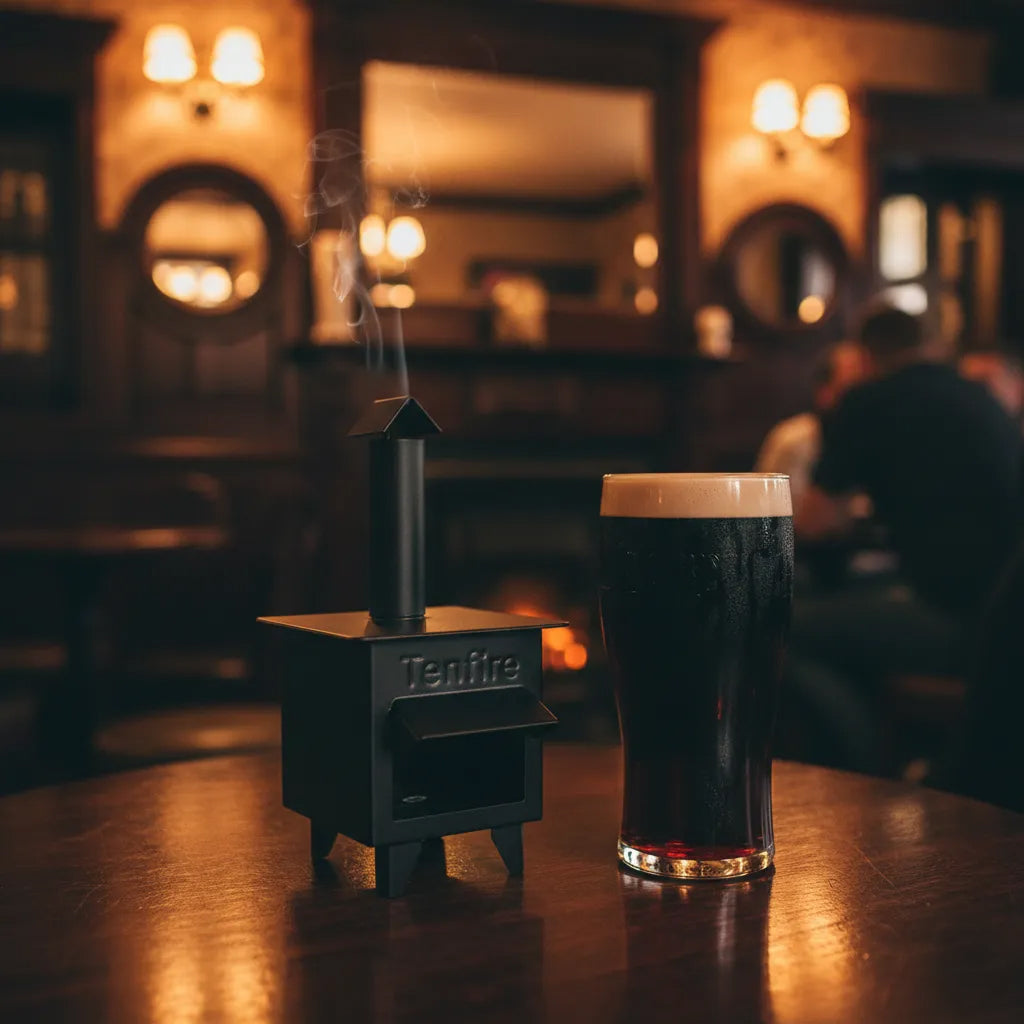 Tealight stove and pint of beer on a bar counter with a blurred bar background