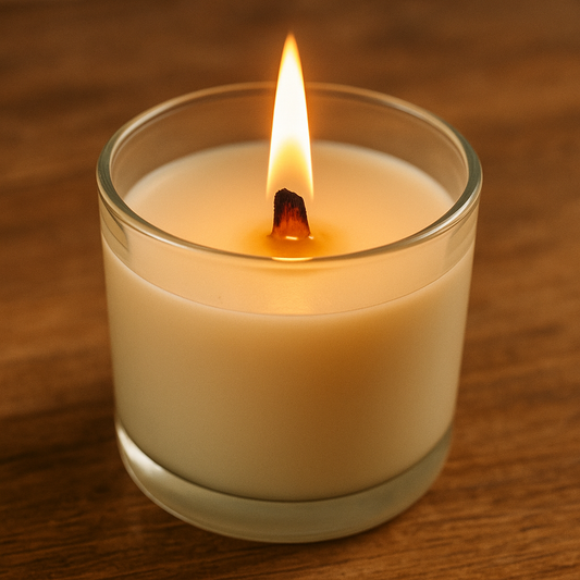 A wood wick candle on a table