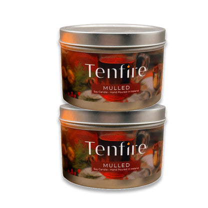 Two tins of Tenfire Mulled candle on a white background
