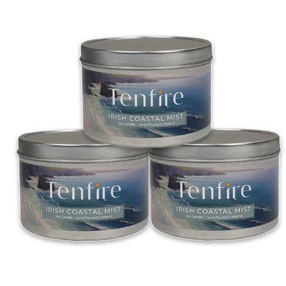 Three Tenfire Irish Coastal Mist candles stacked on a white background