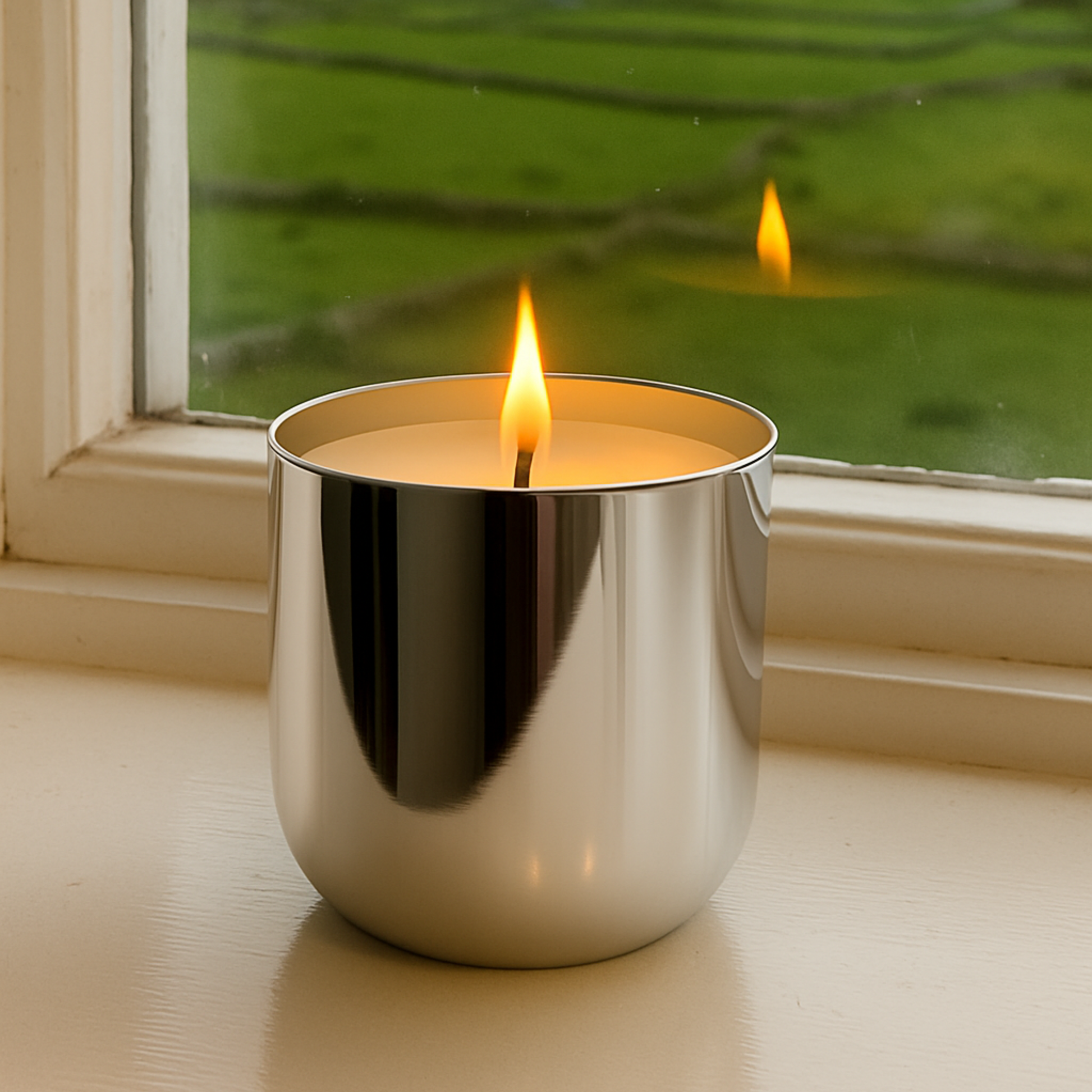 smooth silver candle vessel on a windowsill