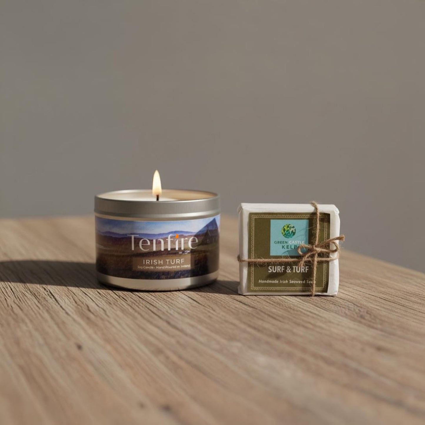 Irish turf candle and Surf & Turf soap on a wooden table