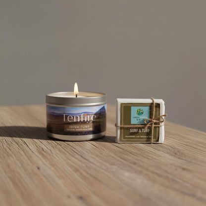 Irish turf candle and Surf & Turf soap on a wooden table