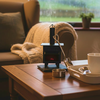 Small stove on a wooden table with a cup of tea and a blanket in the background