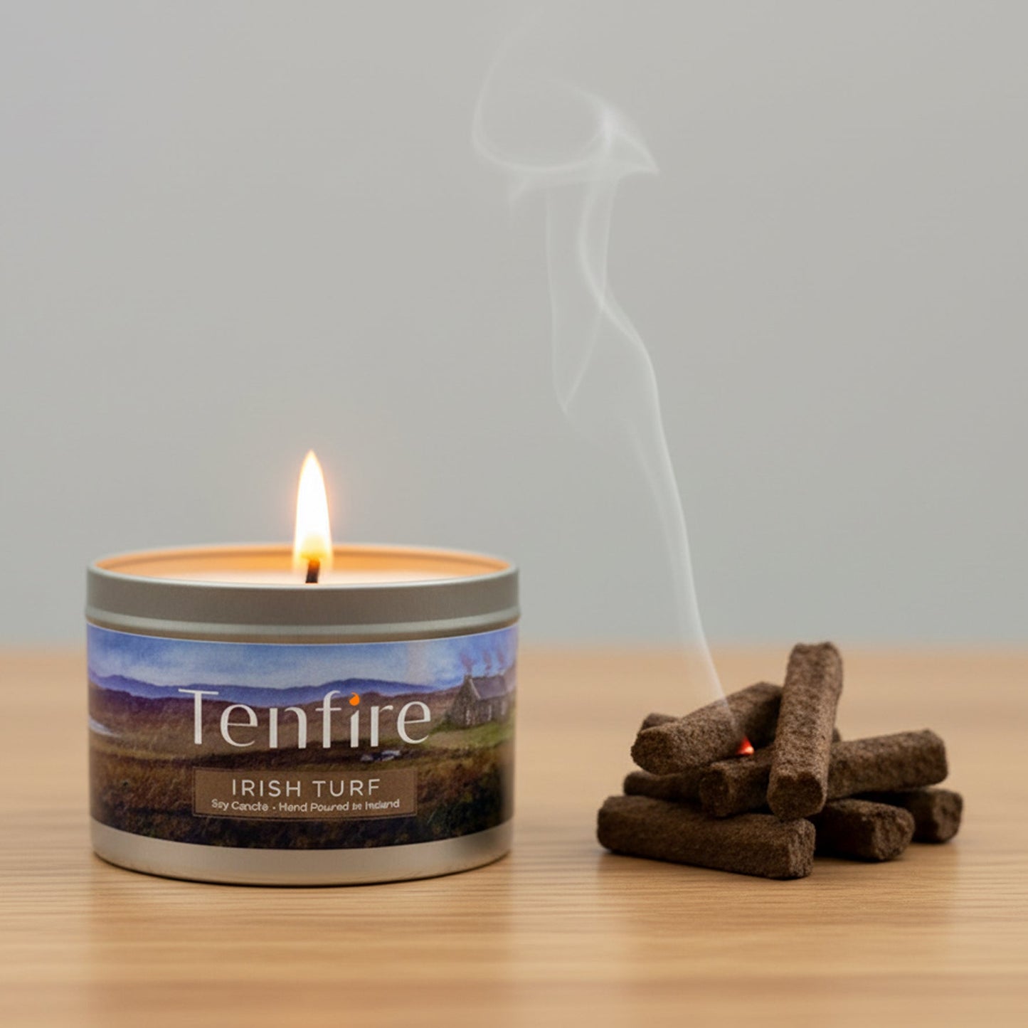 Irish turf candle and turf incense on a coffee table