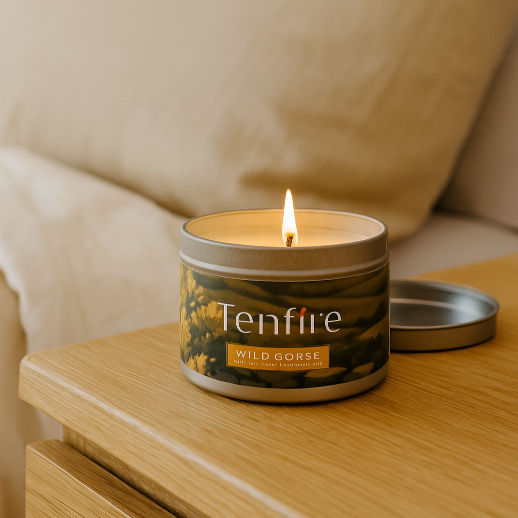 Tenfire candle on a wooden surface with a blurred beige sofa in the background