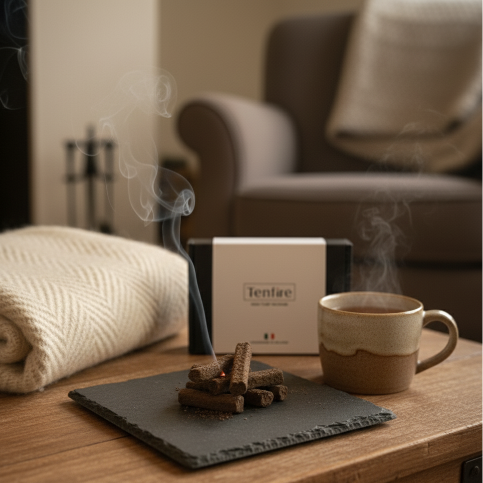 Steaming cup of coffee on a wooden table with a box labeled 'Tenfire' in the background. Lit incense on a slate surface in the foreground.