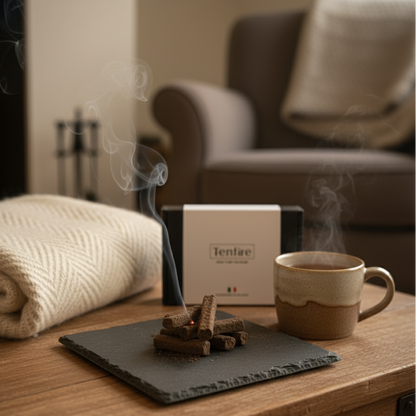 Steaming cup of coffee on a wooden table with a box labeled 'Tenfire' in the background. Lit incense on a slate surface in the foreground.
