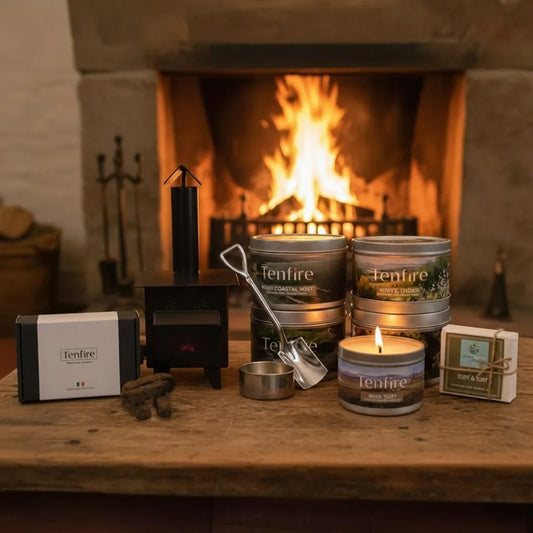 Tenfire products including candles and incense in front of a fireplace.