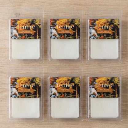 Six wax melts in clear clamshell packaging arranged in a 2x3 grid on a light wood surface. Each package has an autumn-themed label with the brand name 'Tenmire' and scent name 'The Oak'.