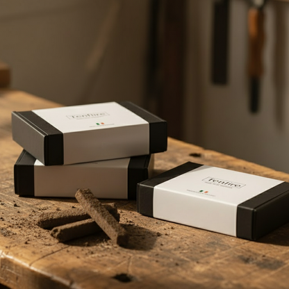 Three black and white boxes with 'Tenfire' branding on a wooden surface.